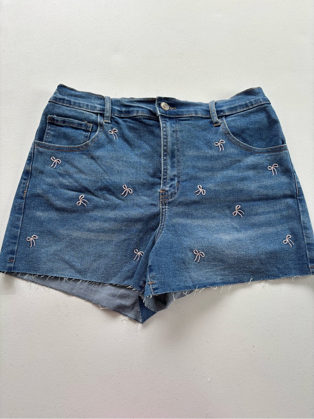 Women's Blue Embroidered Denim Shorts with Pink Bow Details